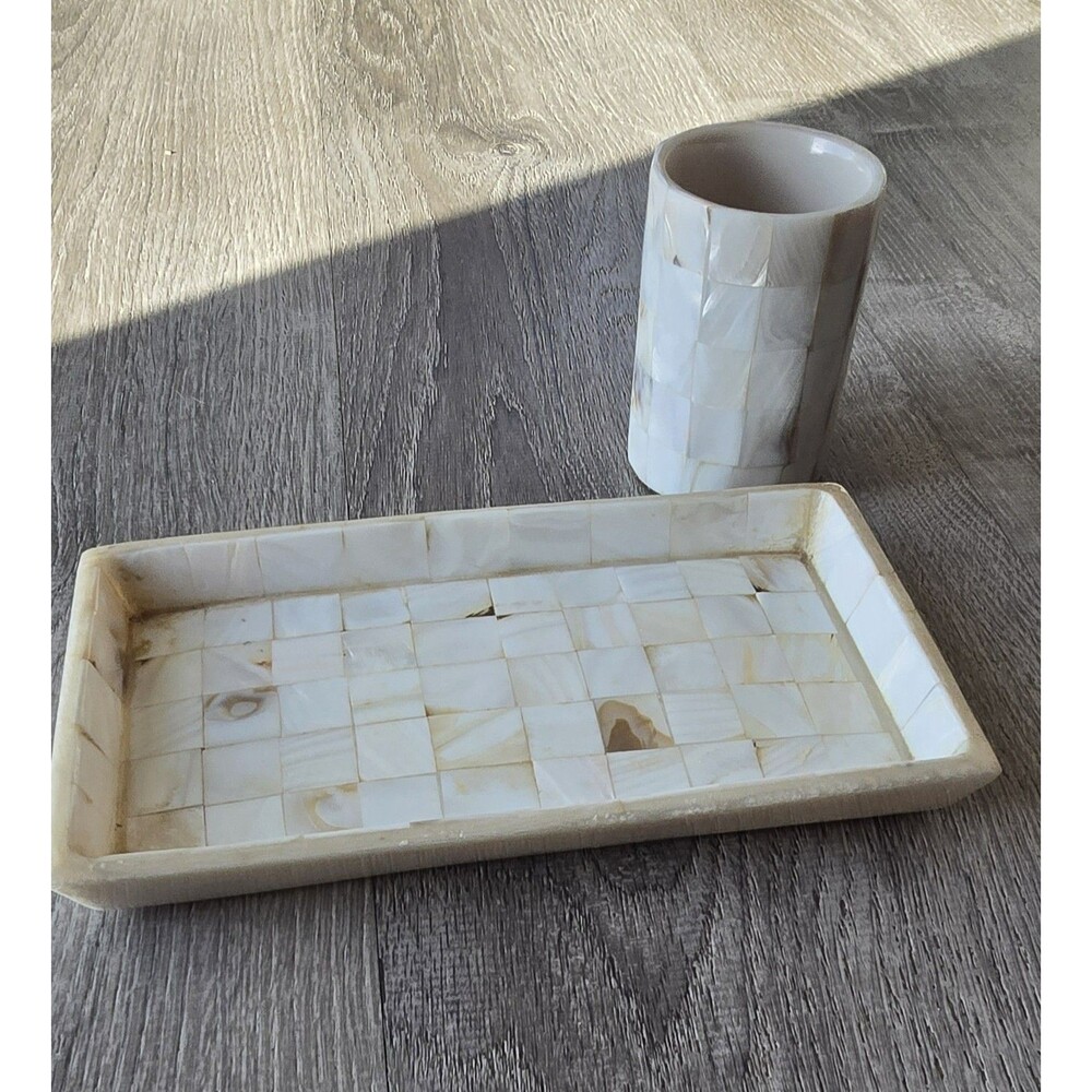 Mother Of Pearl Tray 9”x5” & Cup Set Bathroom